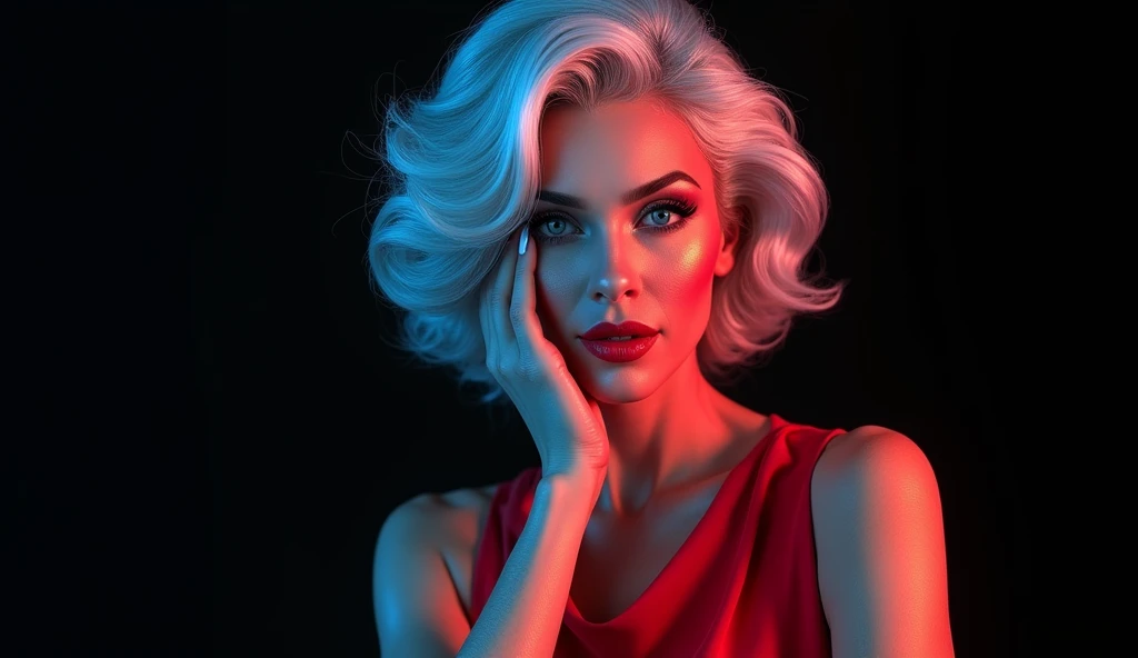 (photorealist)2.1, "A highly detailed digital illustration of just an elegant woman over 60 years old with silvery, wavy hair,  voluminous and shiny .  She has intense blue eyes and striking red lips ,  with subtle makeup that enhances her timeless beauty ...