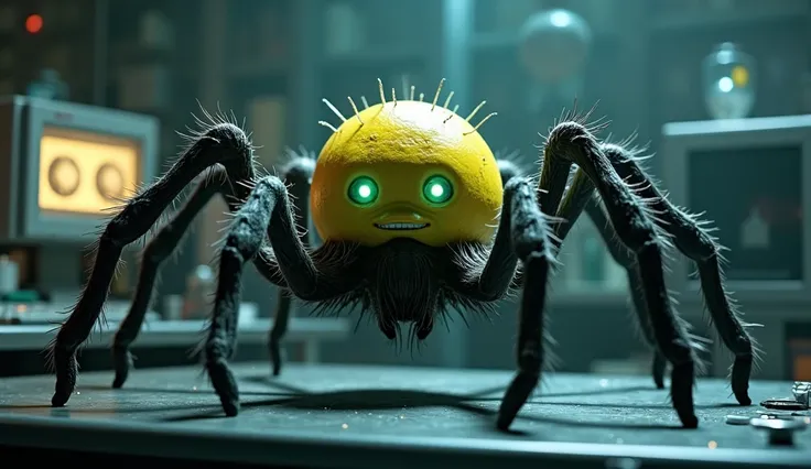 A spider having yellow minion head having two eyes green creepy glowing science lab