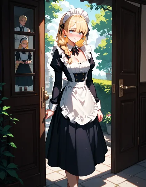 sexy girl, long-haired blonde, dressed as a maid, spying behind a door, blushing, excitement, dim light, palace
