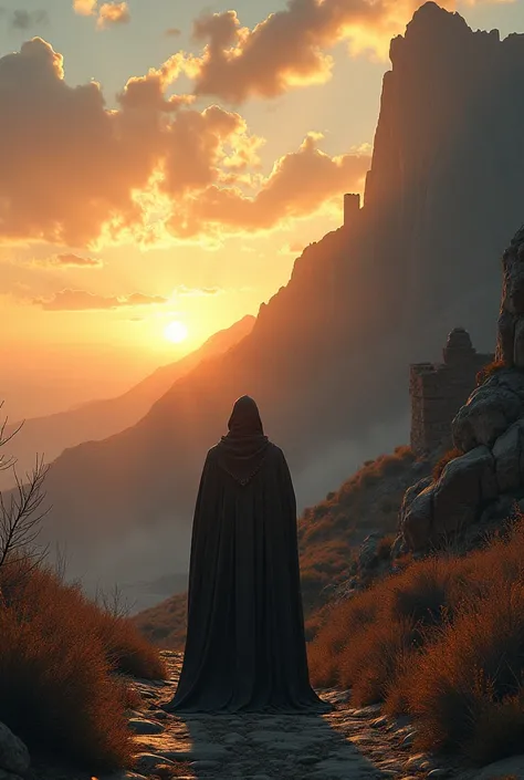  Heres a complete prompt optimized for AI imaging :


---

Prompt:
" An epic landscape at dusk with a mysterious character as the central figure .  The character is on his back ,  wearing a long tunic with detailed folds and a hood that covers its head, } ...