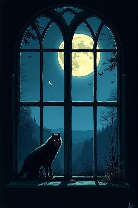 An illustration of a window showing the full Moon at night and a werewolf in the distance 