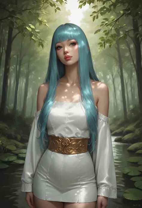 score_9, score_8_up, score_7_up, Western Comics, Cowboy Shot, girl, cute, seductive, innocent, light smile:0.3, plump lips, slender body, azure hair, long hair, detailed eyes, forest, bare shoulders, hanfu, lakes, pure, soft bamboo, depth of field, dynamic...