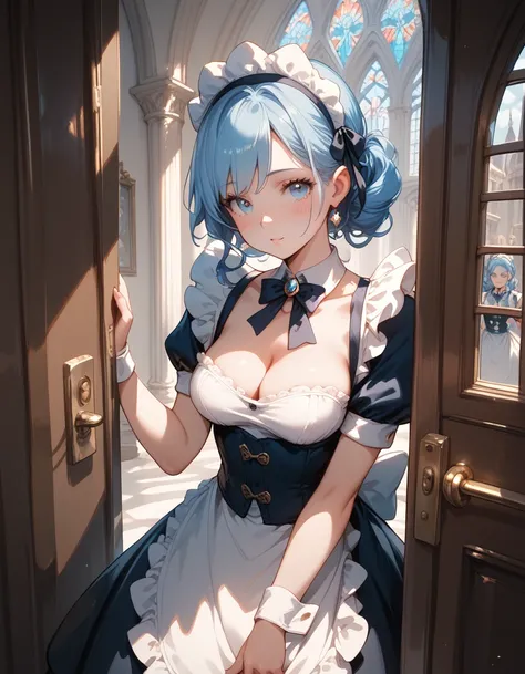 sexy girl, long blue hair, dressed as a maid, medium breasts, cleavage, spying behind a door, blushing, excitement, dim light, palace
