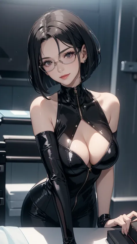  dark haired mature woman,  bob cut, Wearing glasses、Wears sexy black enamel bondage, Black patent leather gloves, Smile gently in the hospital room、(( with dildos:1.2))((Big Breasts:1.2))