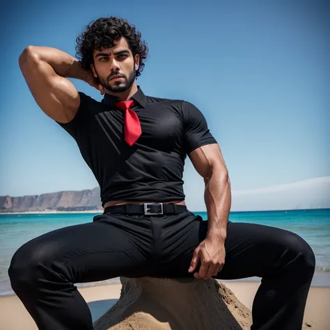 Age 27,One Man,、 muscular、Arabian handsome man。 black shirt ,Red tie、black slim pants、 short perm hair　、sea、On the beach、In combat、　 black shirt、Red tie、black slim pants　View from below　 legs　sit、handgun gear 、 cool battle pose 　 upper body lift with an em...