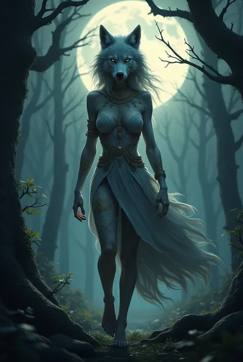 A hybrid between a woman and a wolf