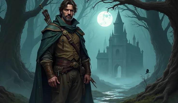 Create a highly detailed illustration of Alaric Thorne, a middle-aged human adventurer in a dark fantasy setting. He stands confidently in the foreground, showcasing his rugged appearance. His tousled brown hair, streaked with gray, falls just above his pi...