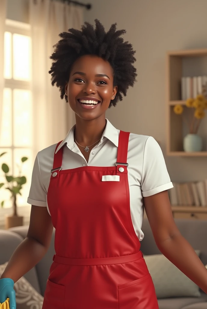 Realistic image of a black woman cleaning the house happily in red and white uniform 