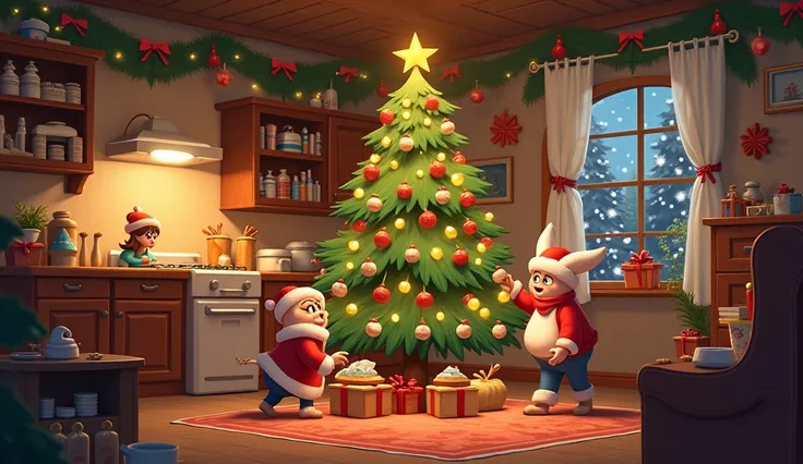 A room inside a house ,full of rens and people preparing Christmas tree,foods happily,cheering 