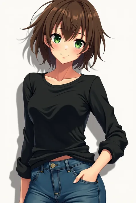 anime character of a woman with a black shirt longsleeve and blue jeans, short brown hair, neck length, green eyes, a digital painting inspired by Tomer Hanuka, trending on pixiv, serial art, heavy gesture style closeup, full body details, wearing casual c...