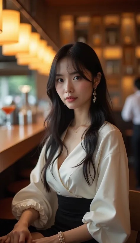 Sitting alone at a stylish bar counter in Kyoto　Japanese Beauty　28 years old　Cocktails are available　 is staring at me　 beautiful face　Beauty　 F cup bust 　 elegant blouse 　 black hair　 long hair　 straight　Pearl Earrings　 Bracelets　 natural makeup　 white sk...