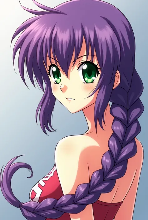 Ranma ½ 2D anime style to a girl with purple hair and green eyes with a long braid, light skin, nice breasts,  may her hair be just a long purple braid, and may her eyes be sexy but sweet  