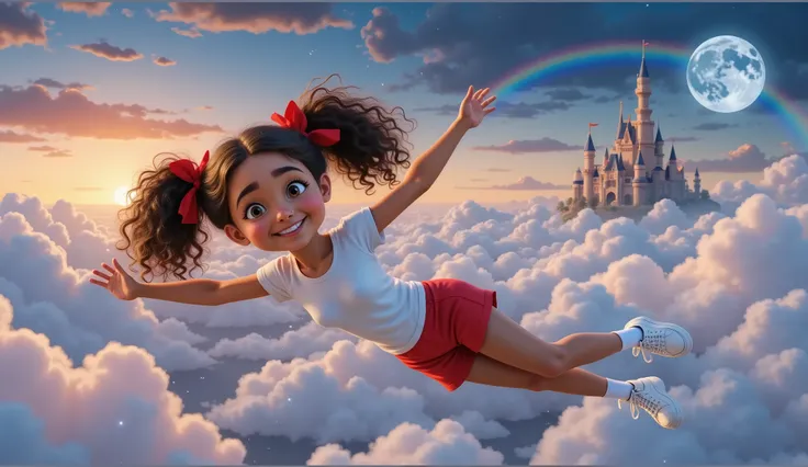 Style: Inspired by Disney-Pixar style films, characters and promotional paintings.
Characteristics of the girl: An girl, fair-skinned, mixed race, daughter of a black father and white mother, curly hair tied in two ponytails with red ribbons. She wea...
