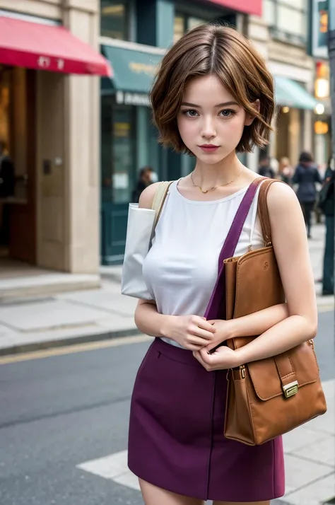 stylish girl with short hair holding shopper bag on shoulder, street style