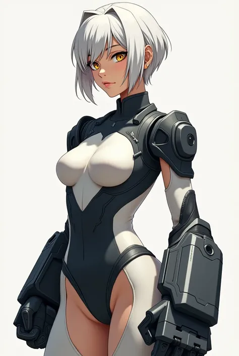 1girl anime, solo, white hair, yellow eyes, short hair, medium breasts, brown skin, tight futuristic body suit with turtle neck, huge fist weapons, masterpiece, best quality, full body, emotionless