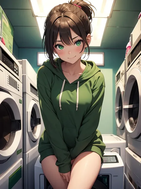 1girl, solo, short brown hair, short ponytail, vivid green eyes, smiling, naked hoodie, blushing, small breasts, perfect anatomy, detailed vagina, sitting on a washing machine, in a laundromat at night, spread legs, sensual eyes, sensual smile