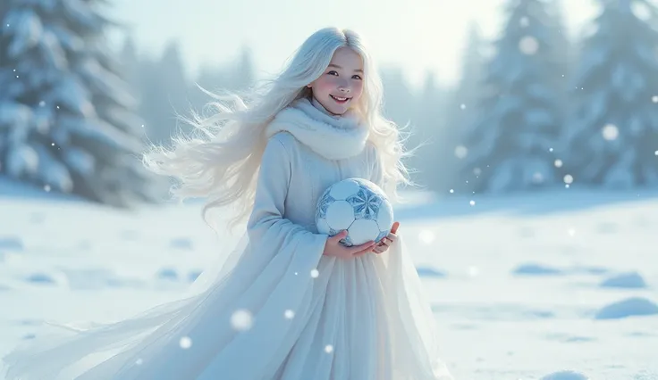 A vast snowy field, Goddess of the Eyes, high resolution, Beautiful Snow Maiden, Flower of the eye, In our hands we can clearly see the soccer ball, Snow flurries are fluttering, 8k, happy smile