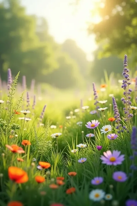 "Create a serene nature background featuring a lush green meadow filled with wildflowers, soft sunlight streaming through, and a slightly blurred distant tree line for a natural and calming effect."
