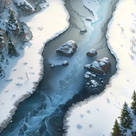  painting of a river flowing through a snowy forest with rocks, soft detailed painting, frozen river, Winter concept art, snowy atmosphere, in a frozen river, small river, Detailed game art, vortex river, detailed water, Frozen tundra background, icy lands...