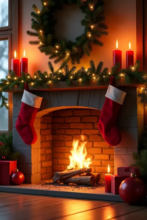 fireplace that has a white ,  fire decorated for Christmas with lights , green, candles, Red boots, 