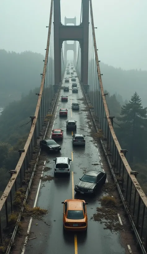 16K quality，Aerial photography of a bridge，There are cars on the bridge， Cars on both sides of the driveway are driving in the opposite direction，Ruined scene ， ultra realistic style， very realistic photo 