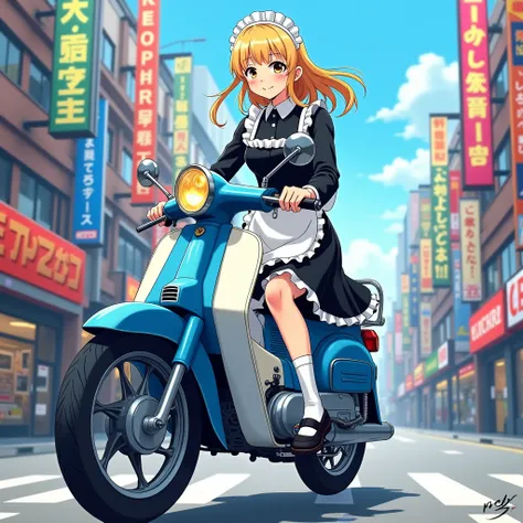 A cute 17-year-old girl with flowing blonde short bob hair, 167cm tall with long slender limbs, wearing a black long-sleeved maids uniform with a white collar, cuffs, lace hem, and apron, white socks, thick-soled black strap shoes. She leisurely drives a b...