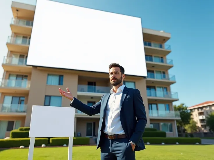 A male realtor wearing a formal suit stands in front of an apartment building. The realtor confidently points to a SOLD sign placed on the lawn. Over the building, there’s a large billboard displaying all white . The scene is bright and professional, with ...