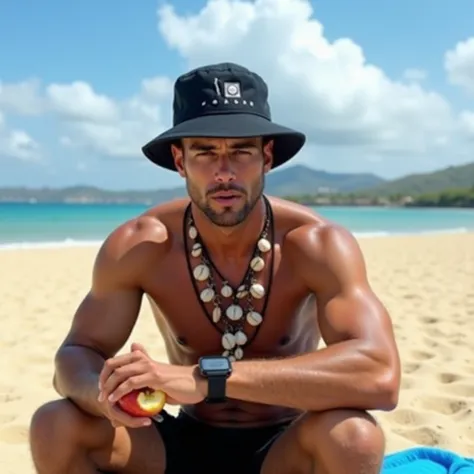 The image shows a muscular man with low black buzzcut hair, sitting on a light sandy beach during the day, with a blue sky full of white clouds and a sea in the background. The horizon reveals a small strip of vegetation and hills that stand out above the ...