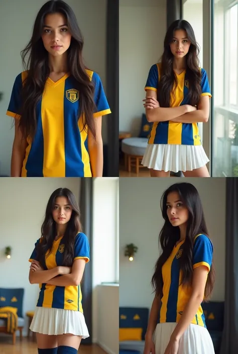 "Create a collage of four images featuring the same young woman with long, dark hair styled naturally, wearing a Fenerbahçe football club jersey with iconic navy blue and yellow vertical stripes, paired with a white pleated tennis skirt and navy blue knee-...