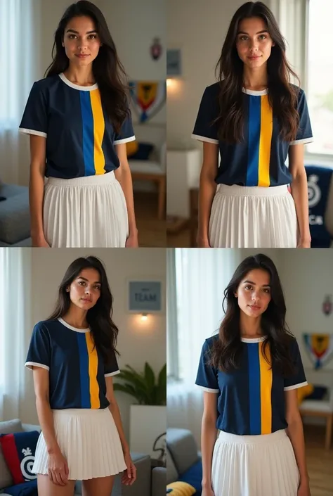 "Create a collage of four images featuring the same young woman with long, dark hair styled naturally, wearing a Fenerbahçe football club jersey with iconic navy blue and yellow vertical stripes, paired with a white pleated tennis skirt and navy blue knee-...