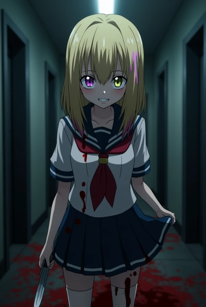  screenshot of My Hero Academia.
 a girl with straight blond hair and pink tips , With bangs.   purple eyes and 1 yellow eye 、 has a happy, psychopath expression 。..  he wears a UA uniform with blood stains 、He has a knife 、Im walking down a dark hallway. ...