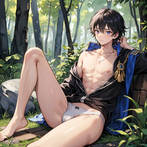  male student, Wizard,  underwear, naked,  black hair, The smell of sweat, morning,forest,  Camp