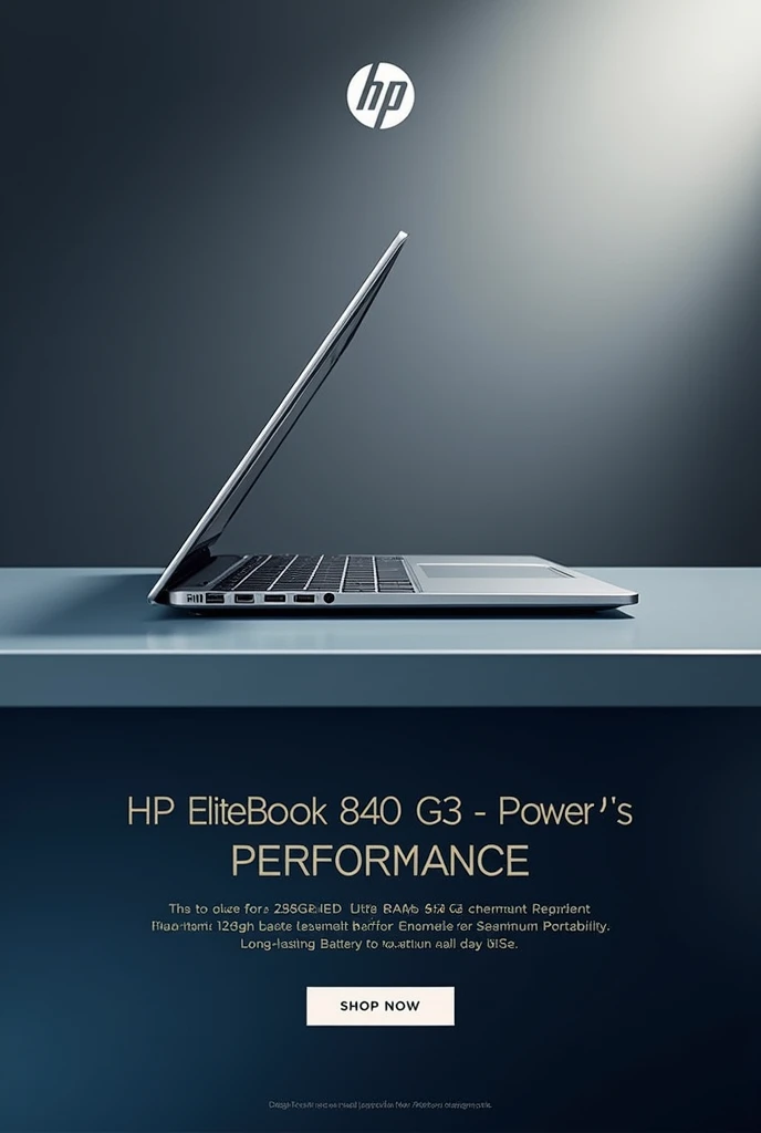  "Design an elegant, premium poster for the HP EliteBook 840 G3, targeting business professionals. The laptop should be the main focus, shown in a dynamic angle to highlight its sleek, ultra-thin design. The background should be minimalistic, featuring sof...