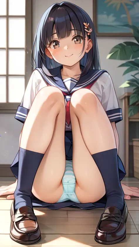  A 20-year-old girl with brown eyes and slender legs 、This is an anime-style illustration of her wearing girly clothes wearing a cute sailor-style top and a black and navy blue striped miniskirt。Im wearing dark blue high socks and black loafers 。 her long,...