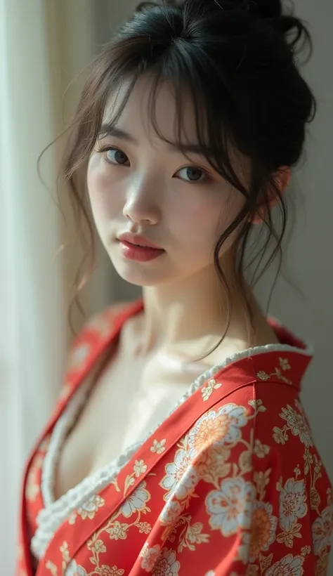  live action。18 years old。Petite。 slightly ornate 。Small face。Baby Face。round face。 white skin。Healing。A gentle expression。Big Breasts。Open yukata。