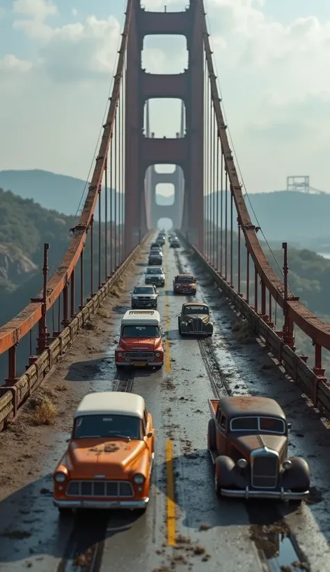 16K resolution, aerial view of a bridge with cars on it. Vehicles are driving in both directions on the lanes. The scene is dilapidated, with rusty and damaged cars. The style is hyper-realistic, resembling a highly detailed and lifelike photograph.