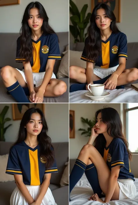 "Create a collage of four images featuring the same young woman with long, dark hair styled naturally, wearing a Fenerbahçe football club jersey with navy blue and yellow vertical stripes, paired with a white pleated tennis skirt and navy blue knee-high so...