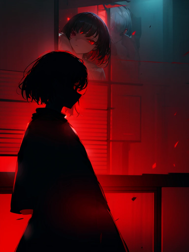 a woman with red eyes stands in front of a window, beautiful eyes are visible on a large monitor screen in the background, A girl in the center, a silhouette of a girl in the center, red lighting, glowing red eyes, a dim room, lighting from screens, monito...