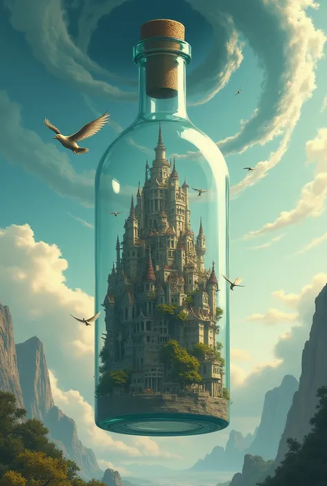 A giant, glass bottle containing a miniature, upside-down city, descends slowly from a swirling vortex in the sky, its glass reflecting a distorted view of the world below, as tiny, winged clockwork birds circle around it.