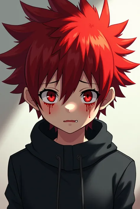 Anime, red hair ,spiky hair, smily, sad eyes, crying blood, side eye