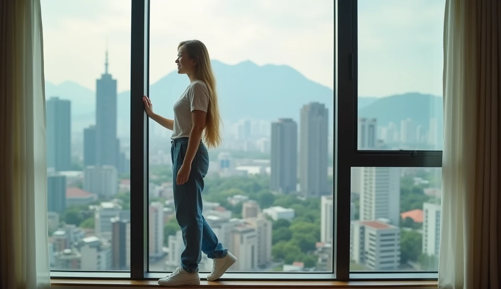  High quality. An girl with 18 years old and has over floor length blonde hair and see her "whole" body standing nearby floor to ceiling window, must see her whole body. The scenario of window shows summer city in Taipei city. This graph MUST see girls "Wh...