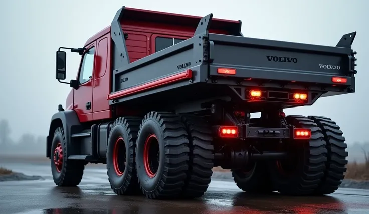 "Create a realistic, detailed rear-facing image of a Volvo FMX 8X4 heavy-duty truck. The truck is rugged and built for extreme off-road conditions, showcasing a powerful and industrial rear design. The cabs rear view reveals its dual-tone paint scheme, wit...