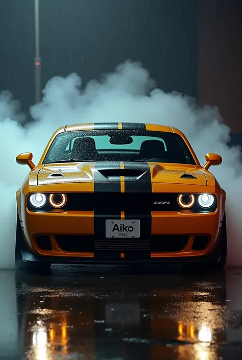 A gold chevrolet dodge challenger hellcat qith 2 black stips in da dark with lights on..in rain and realistic,witha number plate written on AIKO,with smoke in the back,4k,high quality