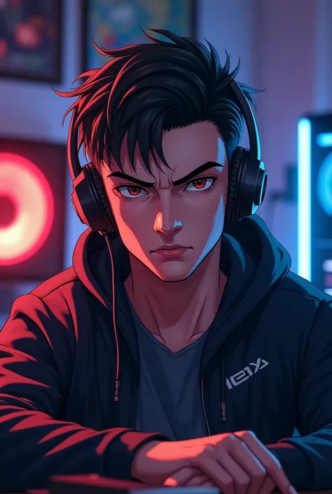 A man with attitude face with gaming pc and gaming headphone anime photo hd