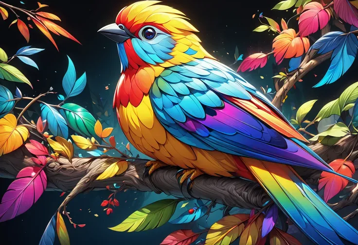  colorful bird perched on a branch with leaves on the background,  digital painting inspired by Charles Bird King, シャッターストック,  fantasy art, Colorful 8k,   colorful HD images  , Colourful birds and long,  beautiful、 and colorful ,  4K Highly Detailed Digita...