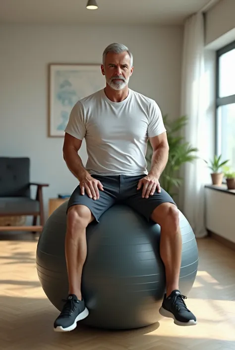 He has to sit on it. On an exercise ball. 