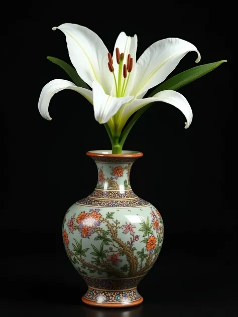 an exquisite ceramic vase,The vase is covered with exquisite patterns ， A white lily flower is placed in the vase,  in a vase , Exquisite matching &#39;It has ,  a spider lily flower placed in a vase ,  filled with water ，Put it on a dark background, Still...