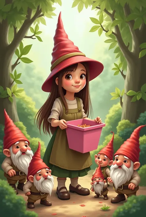 Gnome lady,long brown straight hair, wearing hat, wearing pinafore,holding a pink square tub, 8 smaller gnomes playing around 