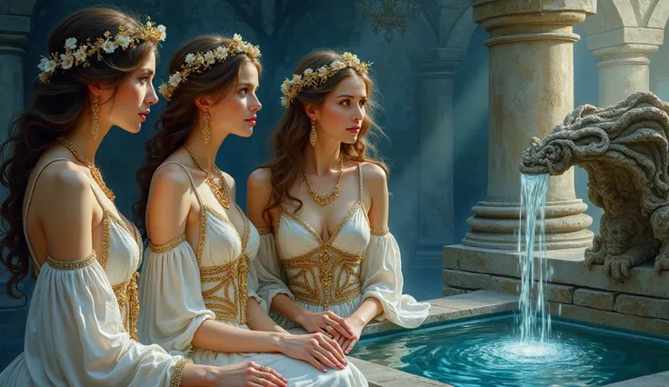 Creat art Leonard  style art image the mystical scene from the story of the most beautiful and mysterious man  and women wearing heavy clothing and jewellery golden and silver, and prince near the enchanted  water well in ancient castle., full length view ...