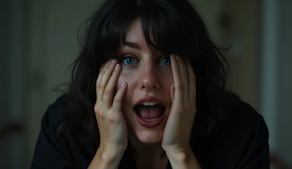  Frightened open-mouthed woman , Both hands close to the mouth,  has black hair, Wear a black shirt, realista 4k
